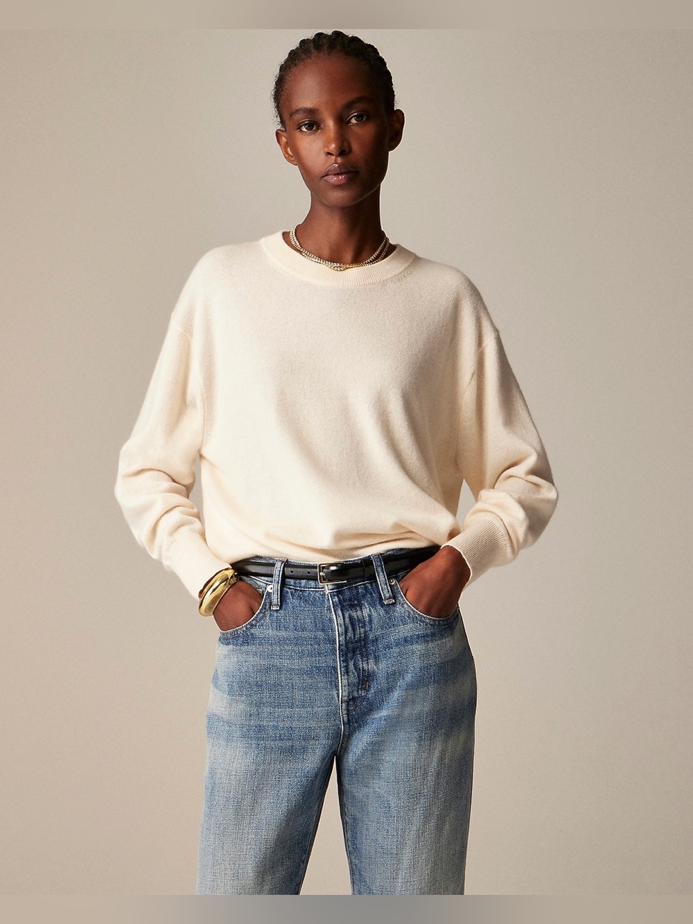J. Crew Cashmere Relaxed Crewneck Sweater in Cream, Size XXS